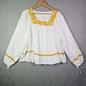 Crown & Ivy White Peasant Blouse L Gold Trim Dobby Dot 3/4 Sleeve Cotton Boho